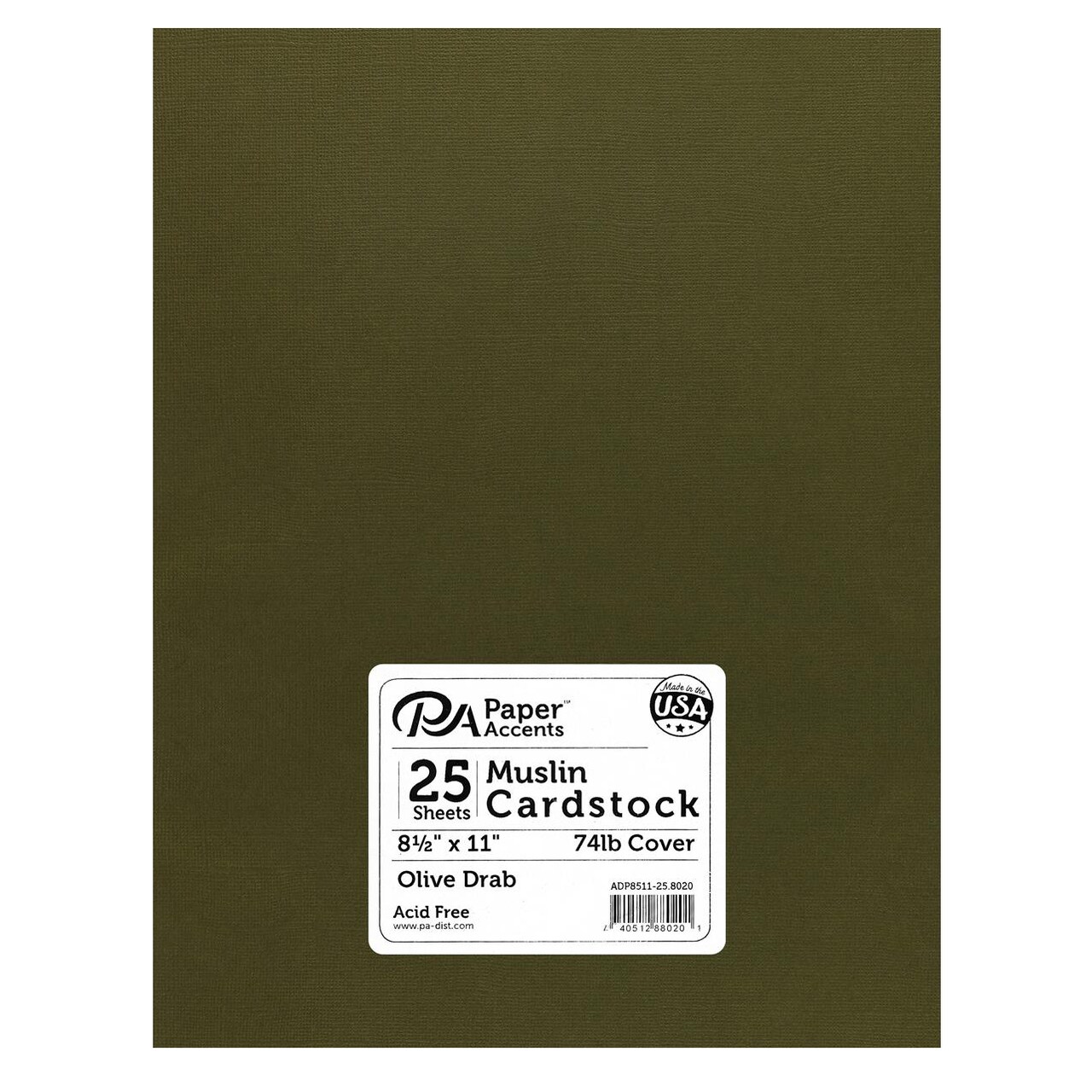 PA Paper Accents Muslin Cardstock 8.5" x 11" Olive Drab, 74lb colored cardstock paper for card making, scrapbooking, printing, quilling and crafts, 25 piece pack